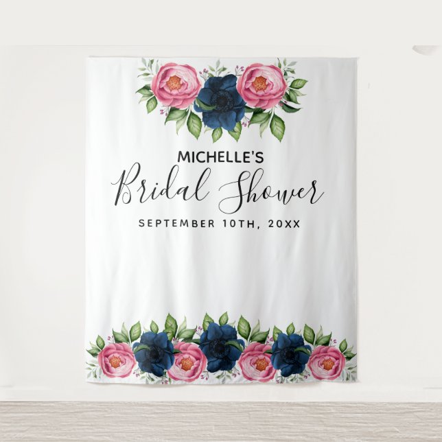 Bridal Shower blue pink dusty florals white Tapestry (Front)