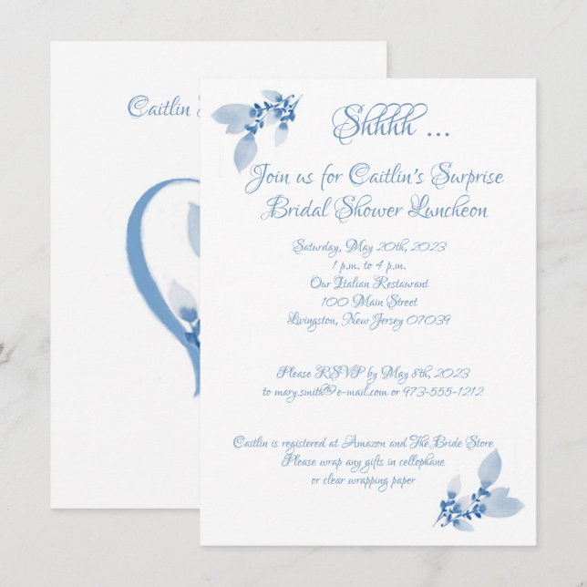 Bridal Shower, Blue Watercolor  Invitation (Front/Back)