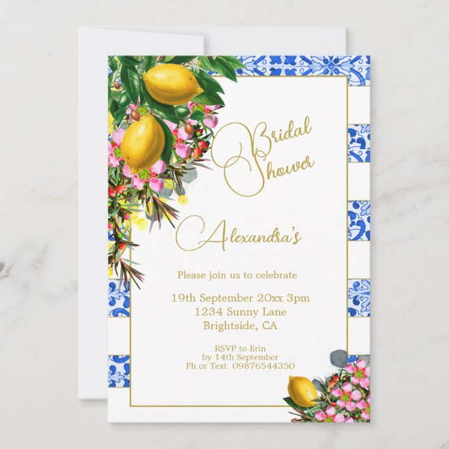 Bridal Shower Blue White Stripe Lemons Floral  Invitation (Front)