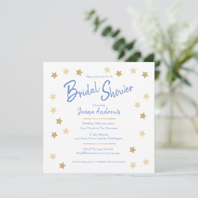 Bridal Shower Blue with Gold Stars Invitation (Standing Front)