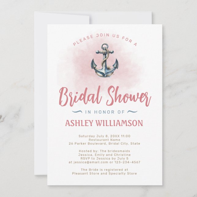 Bridal Shower Blush Nautical Anchor Invitation (Front)