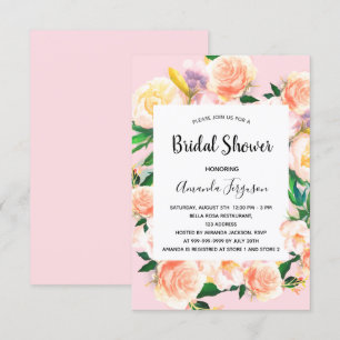 Bridal shower blush pink florals rose gold invitation
