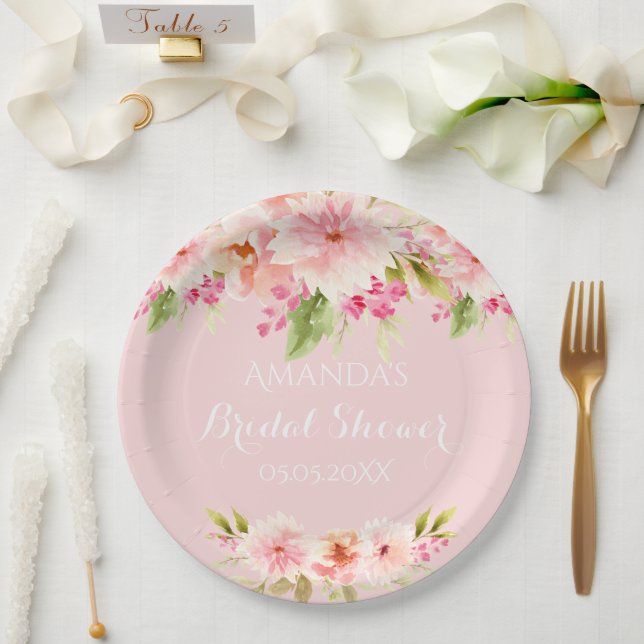 Bridal shower blush pink flowers paper plate (Wedding)