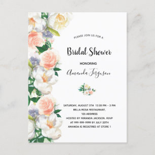 Bridal shower blush pink rose gold florals white postcard