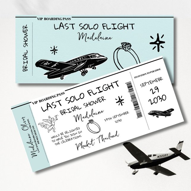 Bridal Shower Boarding Pass Last Solo Flight Blue Invitation (Creator Uploaded)