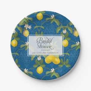 Bridal Shower BOHO Royal Blue Lemon Flower Citrus Paper Plate
