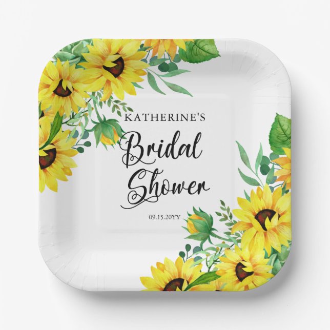 Bridal Shower Boho Sunflowers | Eucalyptus Paper P Plate (Front)