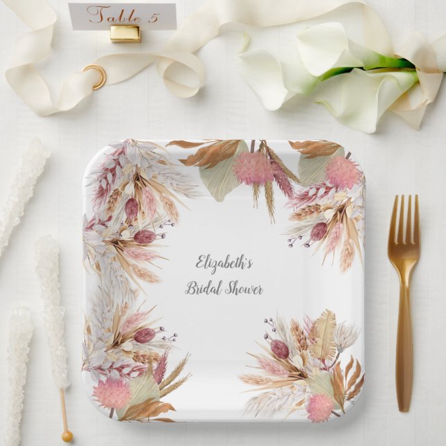 Bridal Shower BOHO Terracotta Pampas Grass Wheat  Paper Plate (Wedding)