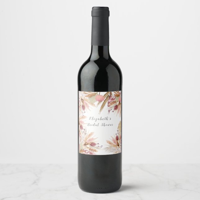  Bridal Shower BOHO Terracotta Pampas Grass Wheat  Wine Label (Front)