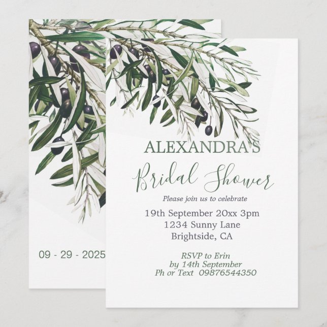 Bridal Shower Botanical Italian Green Olive Branch Invitation (Front/Back)