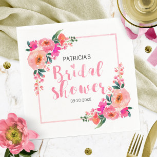 Bridal Shower Bright Pink Watercolor Floral Napkin
