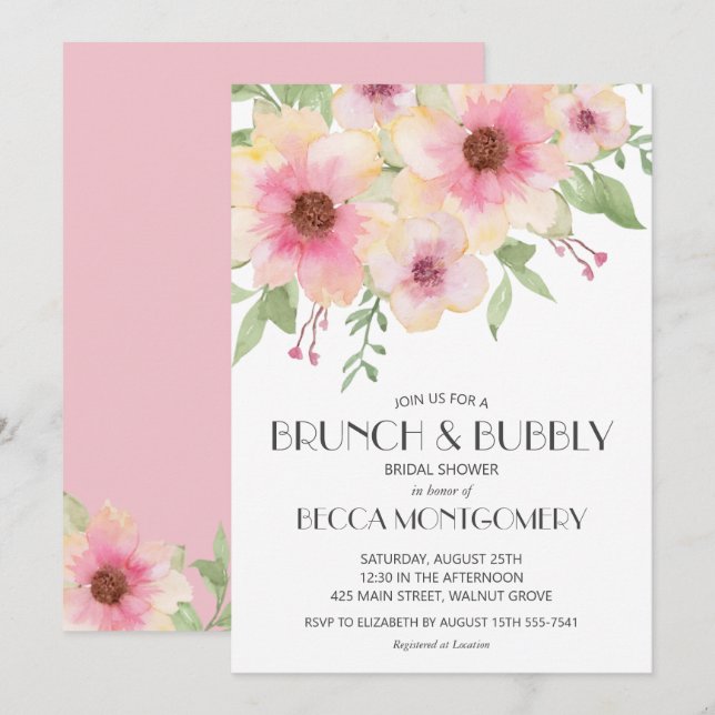 Bridal Shower Brunch and Bubbly Floral Invitation (Front/Back)