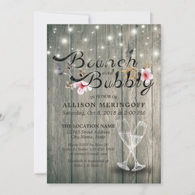 Bridal Shower Brunch Bubbly Champagne Flutes Wood Invitation (Front)