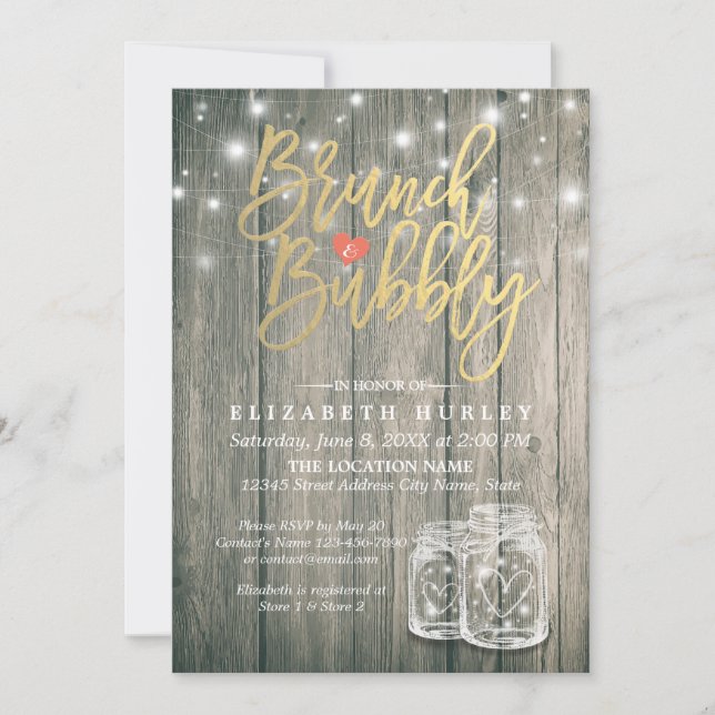Bridal Shower Brunch Bubbly Rustic Wood Mason Jar Invitation (Front)