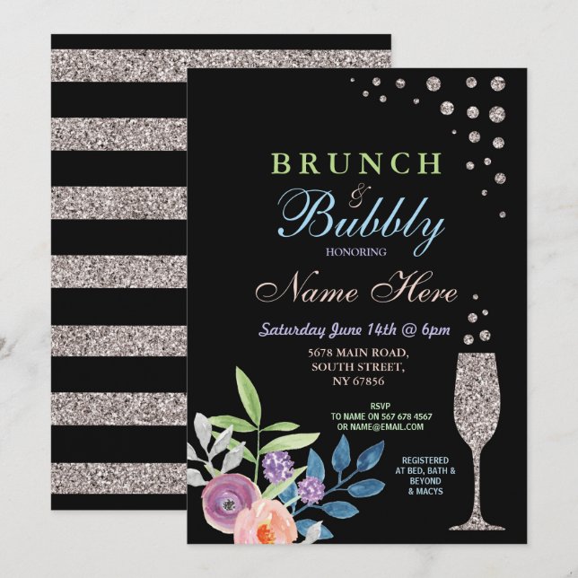 Bridal Shower Brunch & Bubbly Silver Flower Invite (Front/Back)