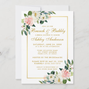 Bridal Shower Brunch Pink Floral Gold Invitation