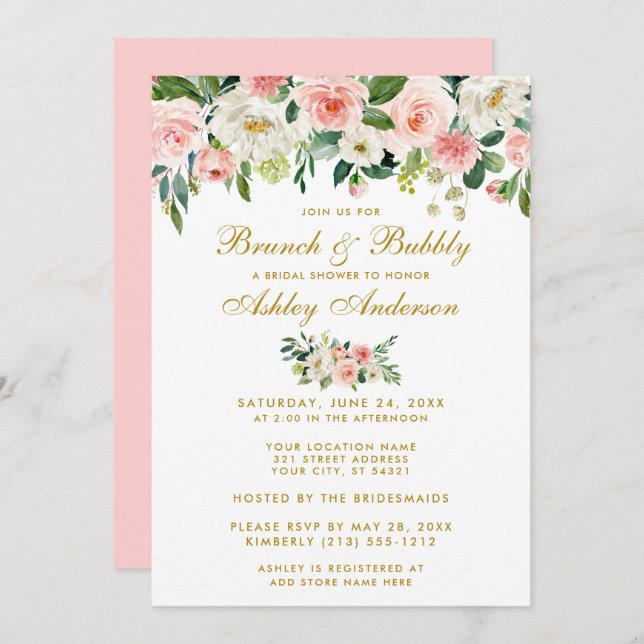Bridal Shower Brunch Pink Floral Gold Invite Pk (Front/Back)