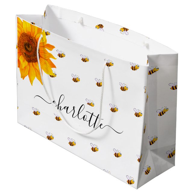 Bridal shower bumble bees rustic sunflower name large gift bag (Back Angled)