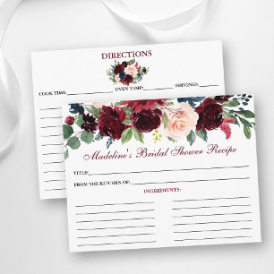 Bridal Shower Burgundy Blue Floral Recipe Card
