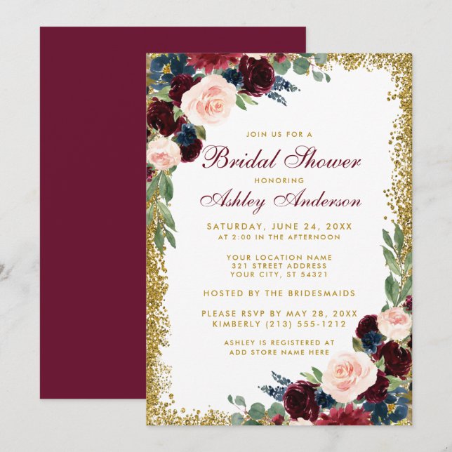 Bridal Shower Burgundy Blue Gold Glitter Invite (Front/Back)