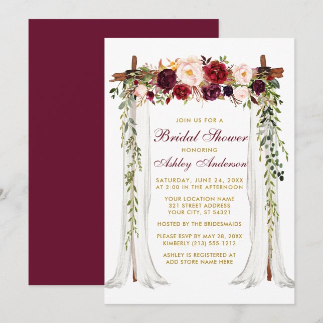Bridal Shower Burgundy Floral Canopy Gold Invitation (Front/Back)
