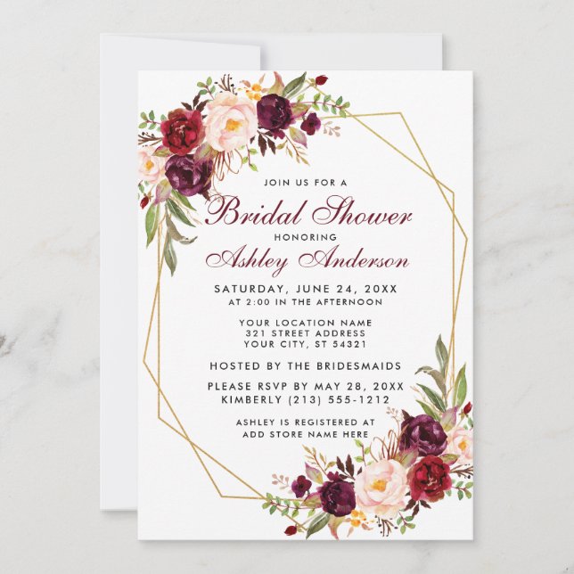 Bridal Shower Burgundy Floral Geometric Gold Frame Invitation (Front)