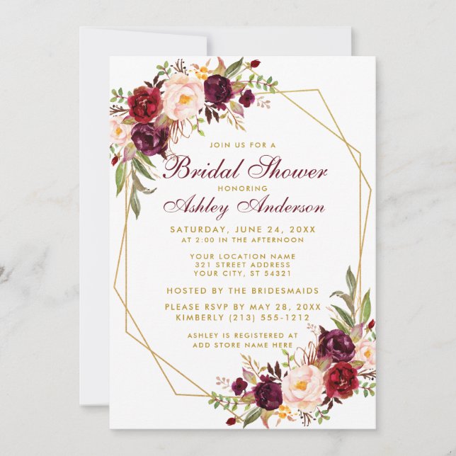 Bridal Shower Burgundy Floral Geometric Gold Invitation (Front)