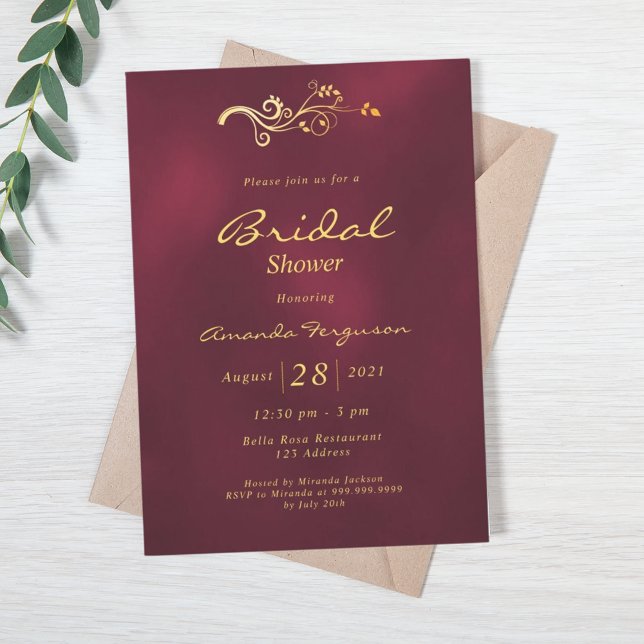 Bridal shower burgundy gold classic elegant invitation (Creator Uploaded)