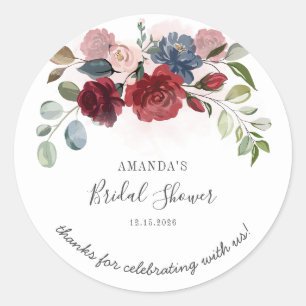 Bridal Shower Burgundy Rustic Floral Script Classic Round Sticker