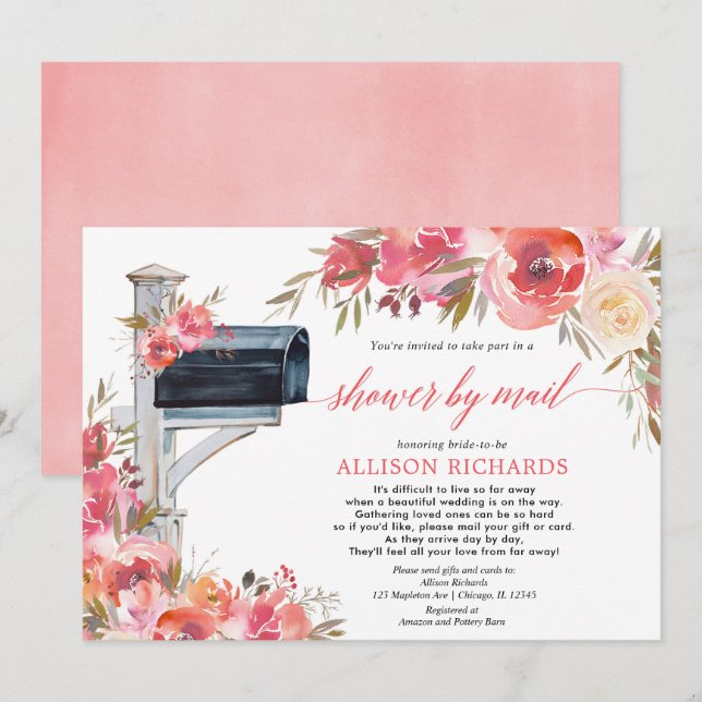 Bridal shower by mail pink coral floral botanical invitation (Front/Back)