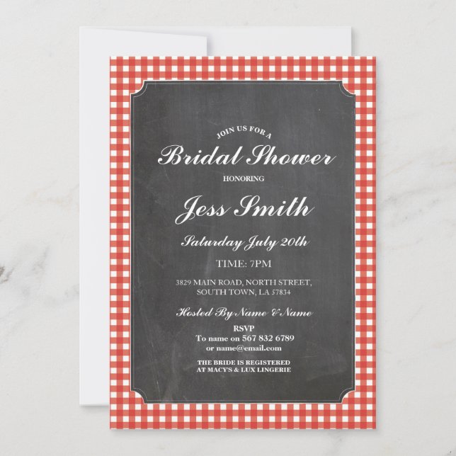 Bridal Shower Chalk Party Rustic Red Check Invite (Front)