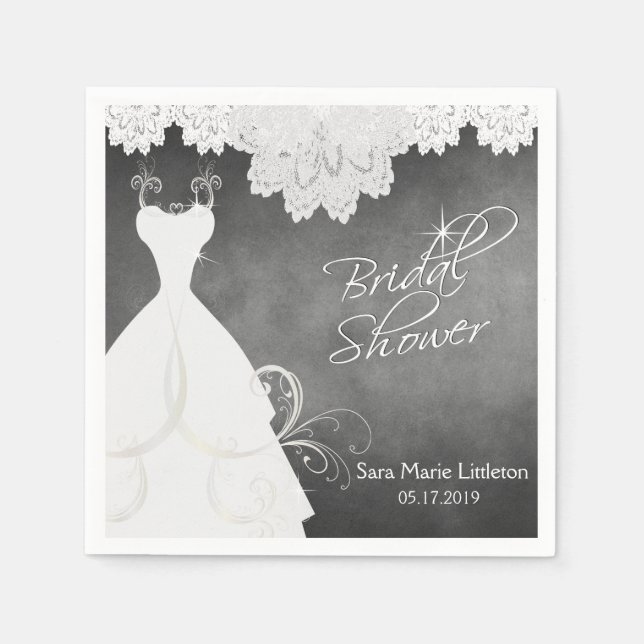 Bridal Shower Chalkboard with White Lace & Gown Napkin (Front)