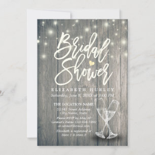 Bridal Shower Champagne Glasses Wood String Lights Invitation