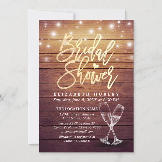 Bridal Shower Champagne Glasses Wood String Lights Invitation (Front)
