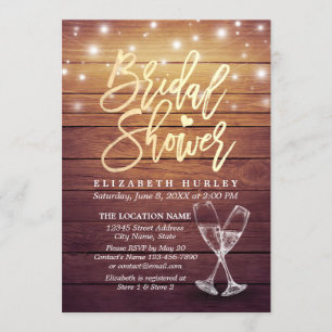 Bridal Shower Champagne Glasses Wood String Lights Invitation