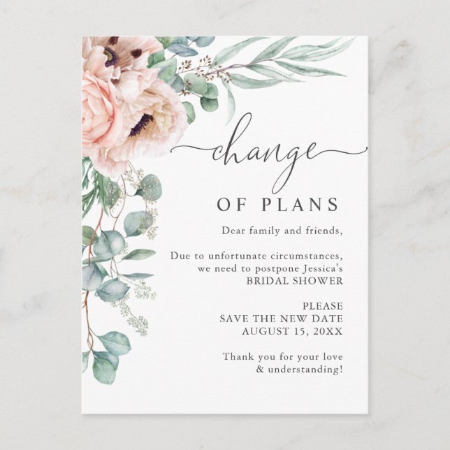 Bridal Shower Change of Plans Poppy Eucalyptus Postcard (Front)
