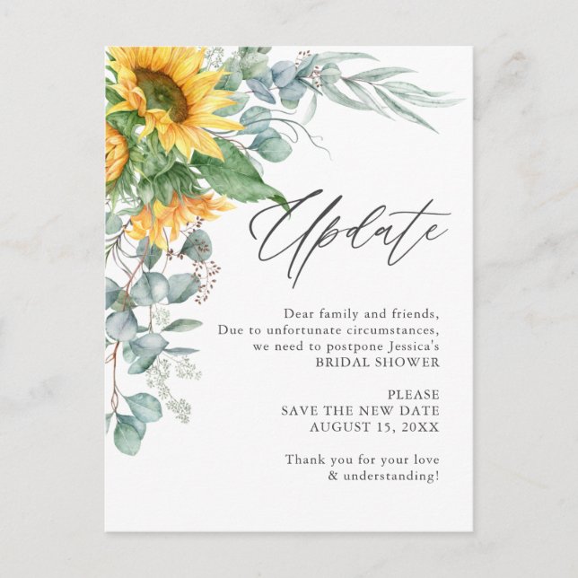 Bridal Shower Change of Plans Sunflower Eucalyptus Postcard (Front)