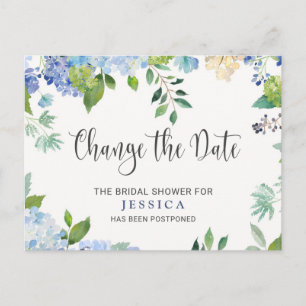 Bridal Shower Change the Date Blue Hydrangeas Postcard