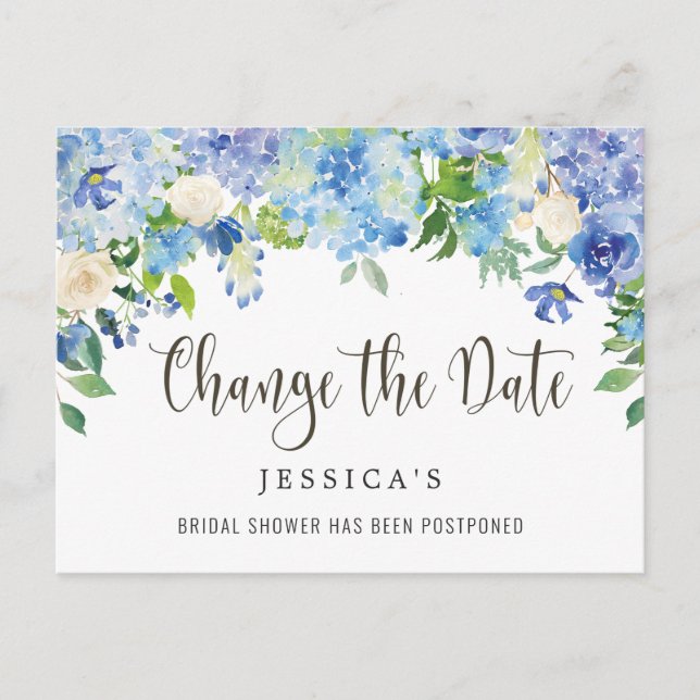 Bridal Shower Change the Date Blue Hydrangeas Postcard (Front)