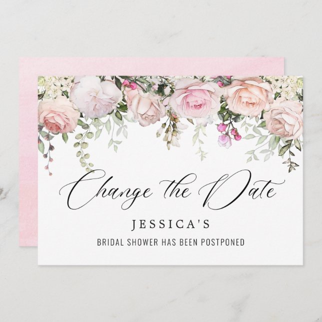 Bridal Shower Change the Date Blush Pink Flowers Invitation (Front/Back)