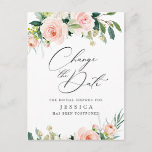 Bridal Shower Change the Date Blush Pink Flowers Postcard