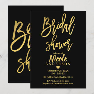 BRIDAL SHOWER Chic Gold Foil Black Modern Script Invitation