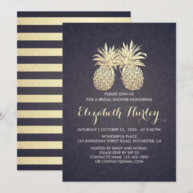 Bridal Shower Chic Gold Pineapple Couple Navy Blue Invitation (Front/Back)