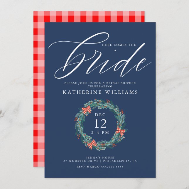 BRIDAL SHOWER | Christmas Holiday Gingham Wreath Invitation (Front/Back)