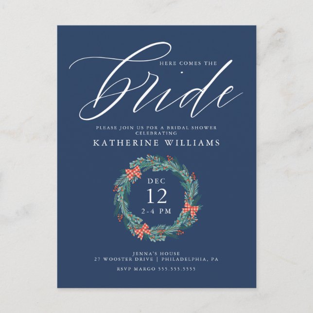 BRIDAL SHOWER | Christmas Holiday Gingham Wreath Postcard (Front)
