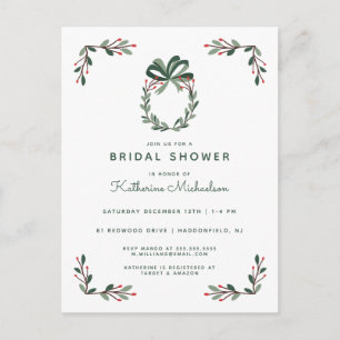 BRIDAL SHOWER   Christmas Holiday Holly Invitation Postcard