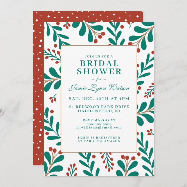 BRIDAL SHOWER | Christmas Mistletoe & Holly Invitation (Front/Back)