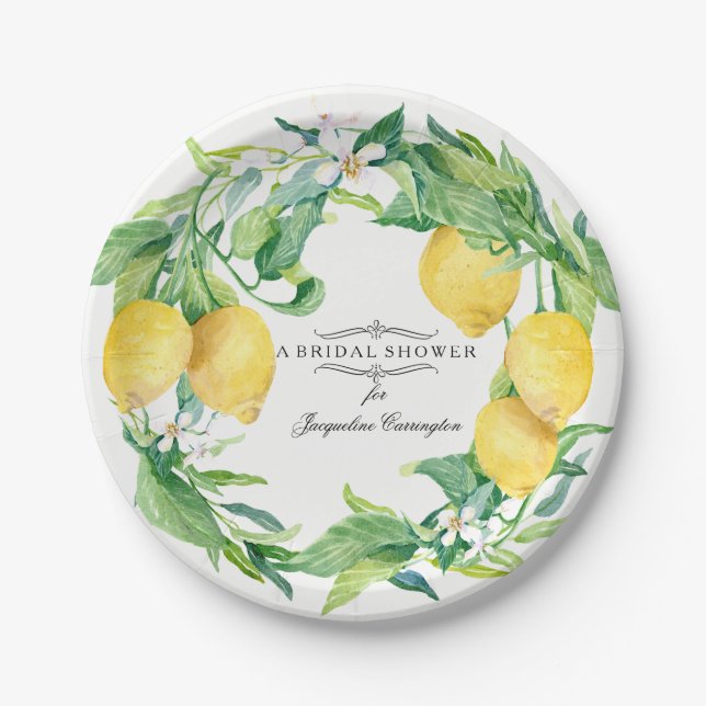 Bridal Shower Citrus Lemon Floral Leaf Wreath Art Paper Plate (Front)