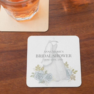 Bridal Shower Classic Elegant Blue Floral Wedding Square Paper Coaster