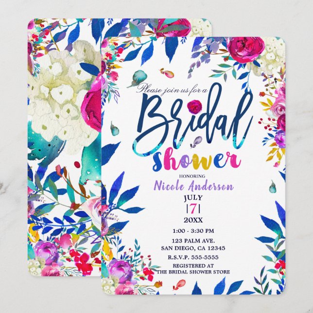 Bridal Shower Colourful Bright Bold Floral Flowers Invitation (Front/Back)